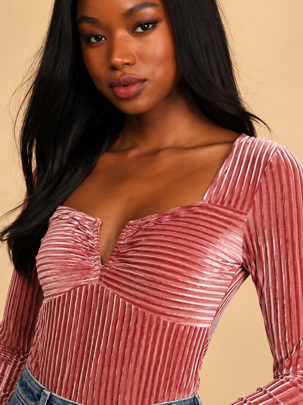 Lulus Ready To Go Out Rusty Rose Velvet Striped Long Sleeve Bodysuit